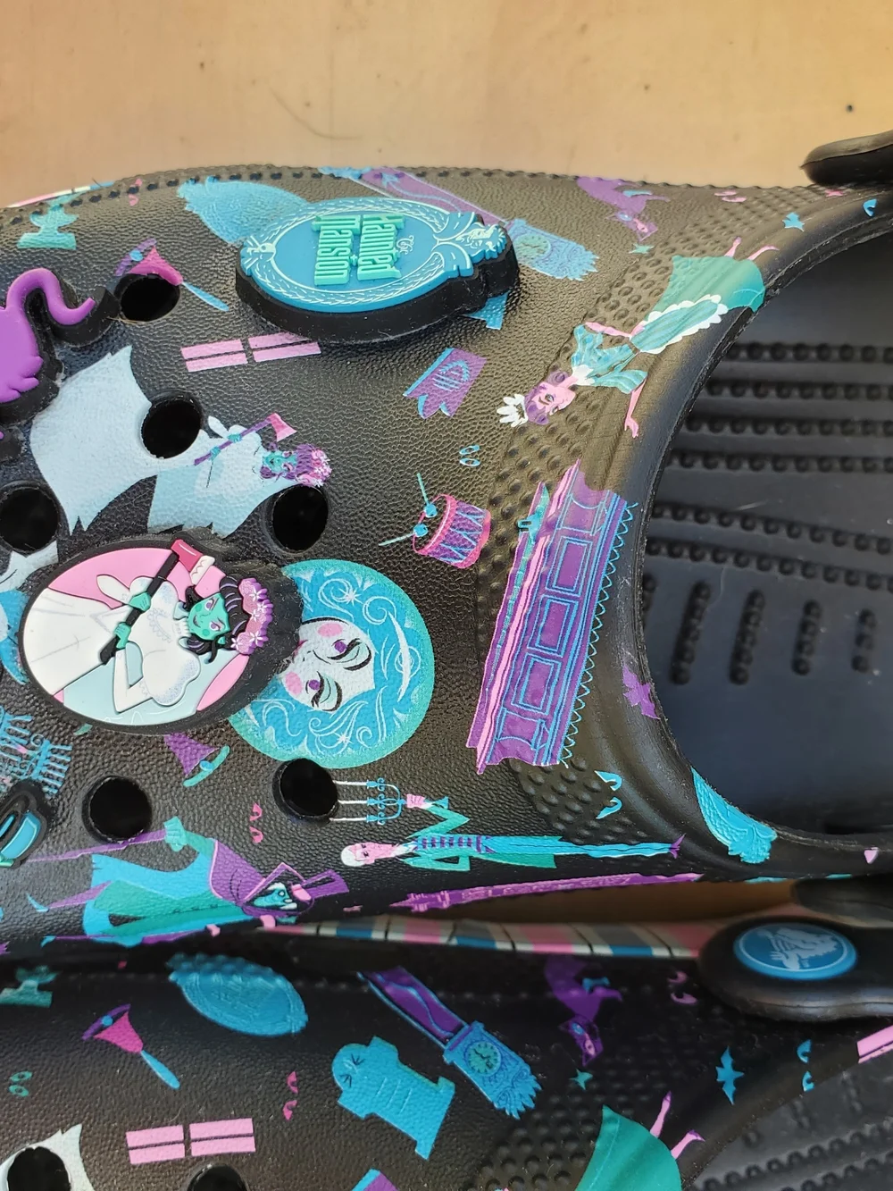 CROCS Disney Haunted Mansion Black Clog Sandals with Teal & Purple Cartoon Print - Picture 9 of 9